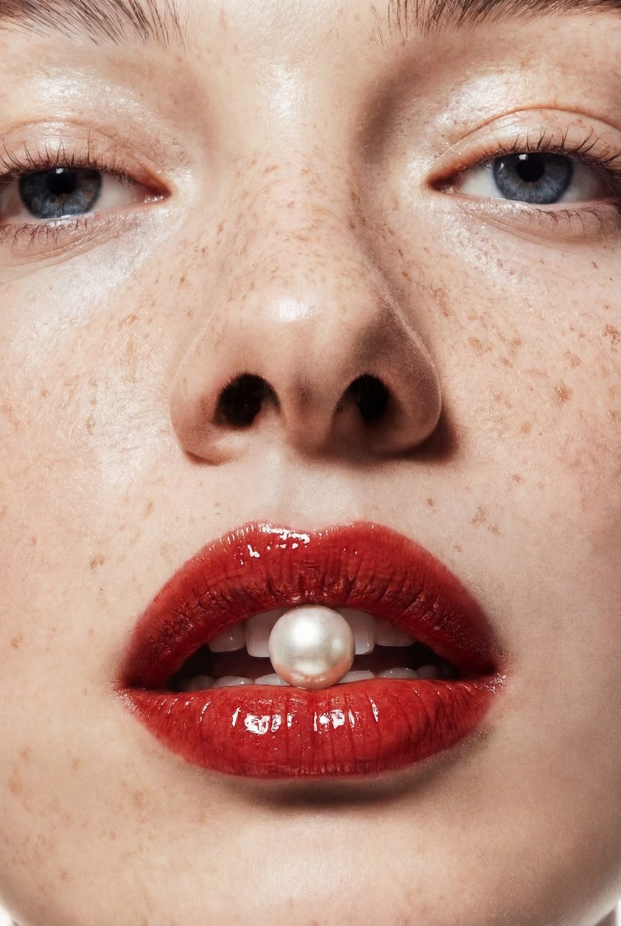 Pearl held between red lips — House of Alís