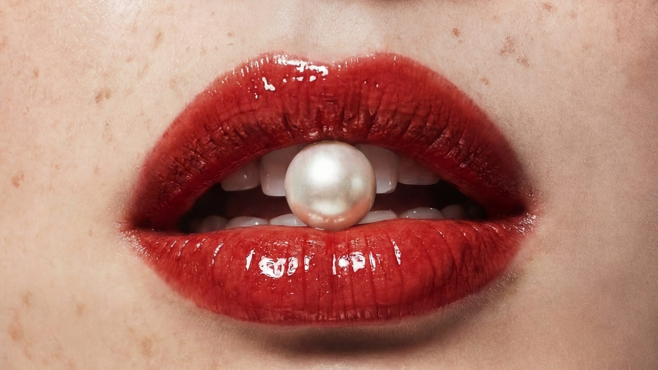 Pearl held between red lips — House of Alís