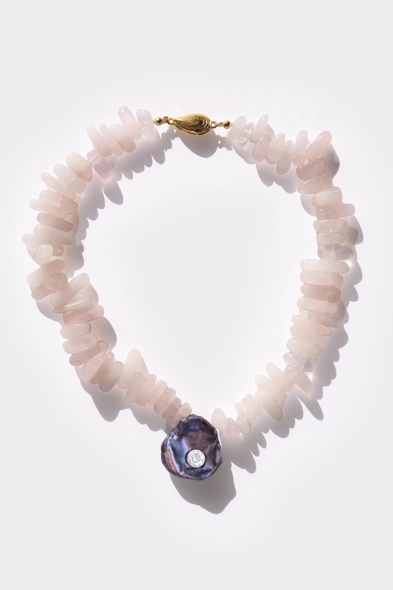 Pink quartz and black keshi pearl crystal necklace